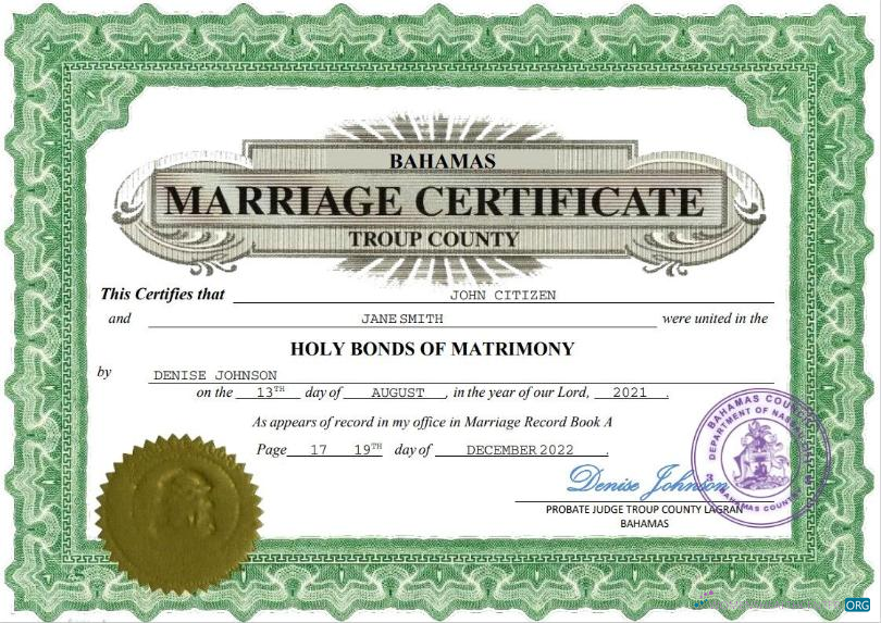 Download Bahamas marriage certificate Word and PDF template Photoshop template